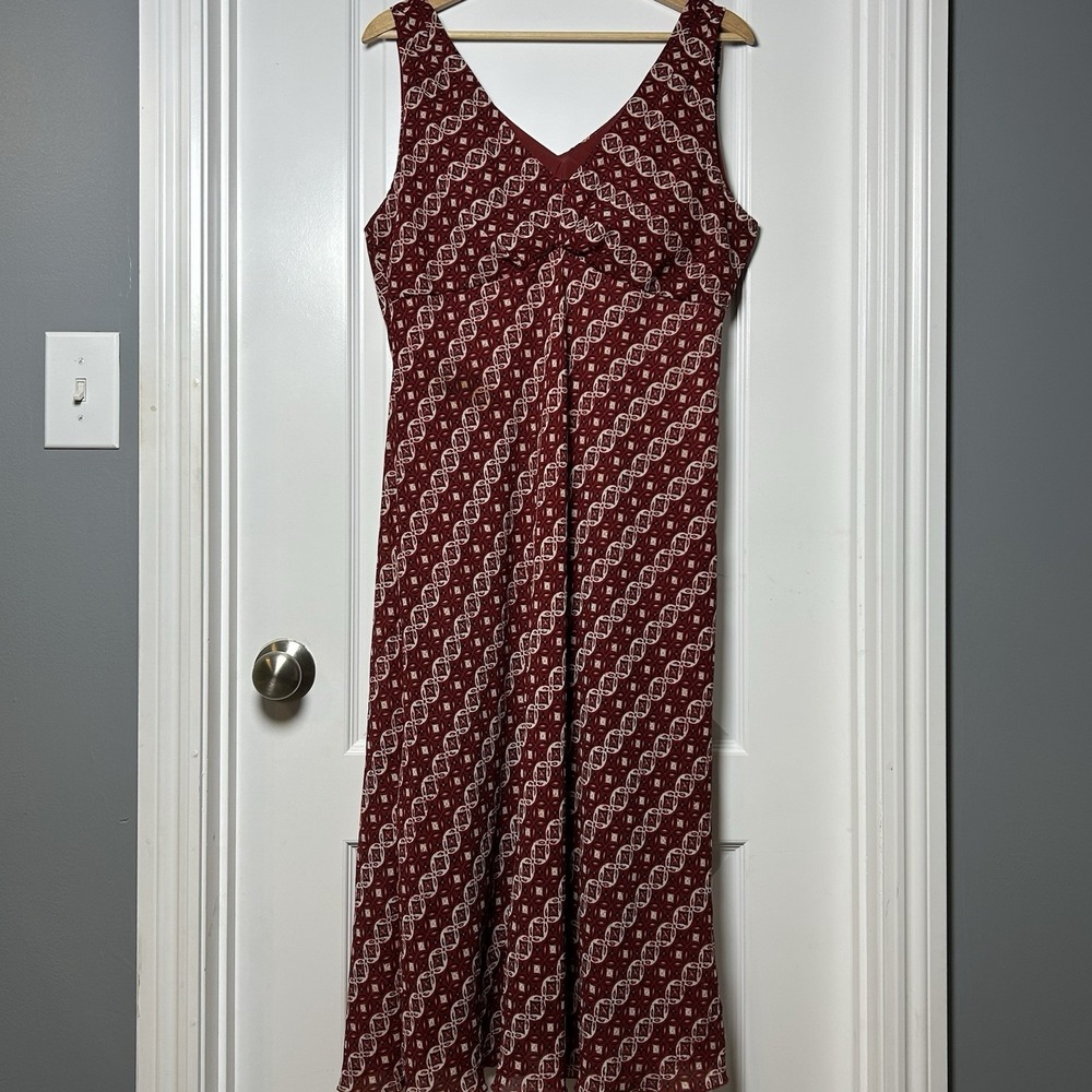 JM Atelier Vintage 90s Burgundy Geometric Print V-Neck Empire Waist A-Line Dress
